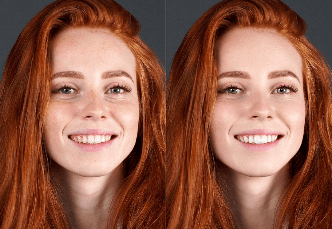 Porträt einer Frau — vor und nach der KI-Hautretusche (Retouch4me)