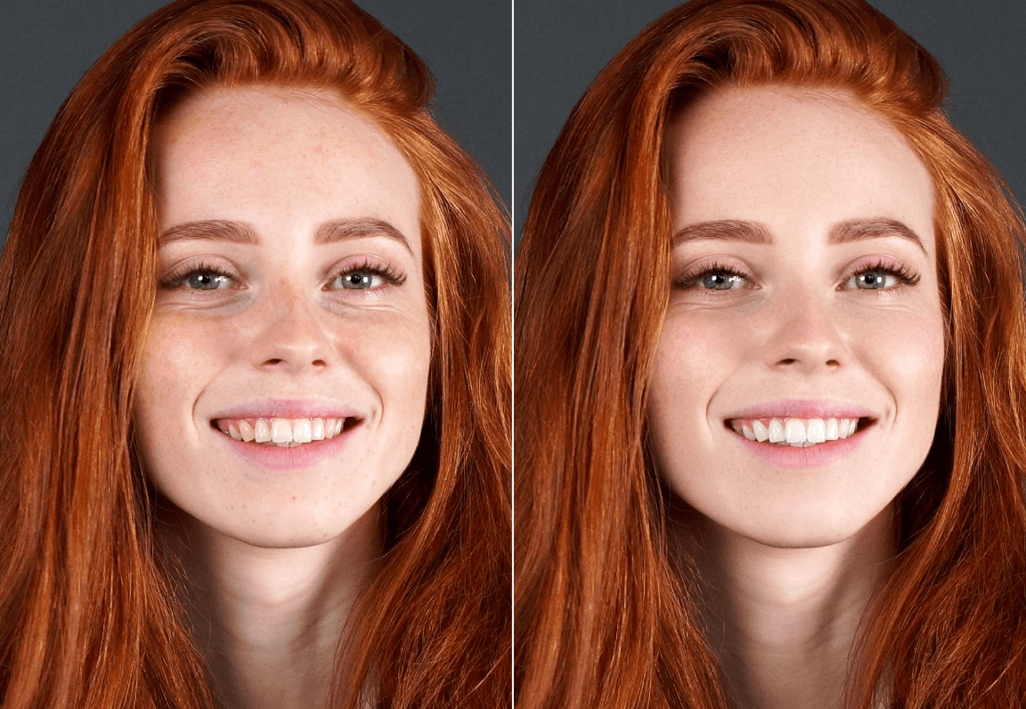 Porträt einer Frau — vor und nach der KI-Hautretusche (Retouch4me)