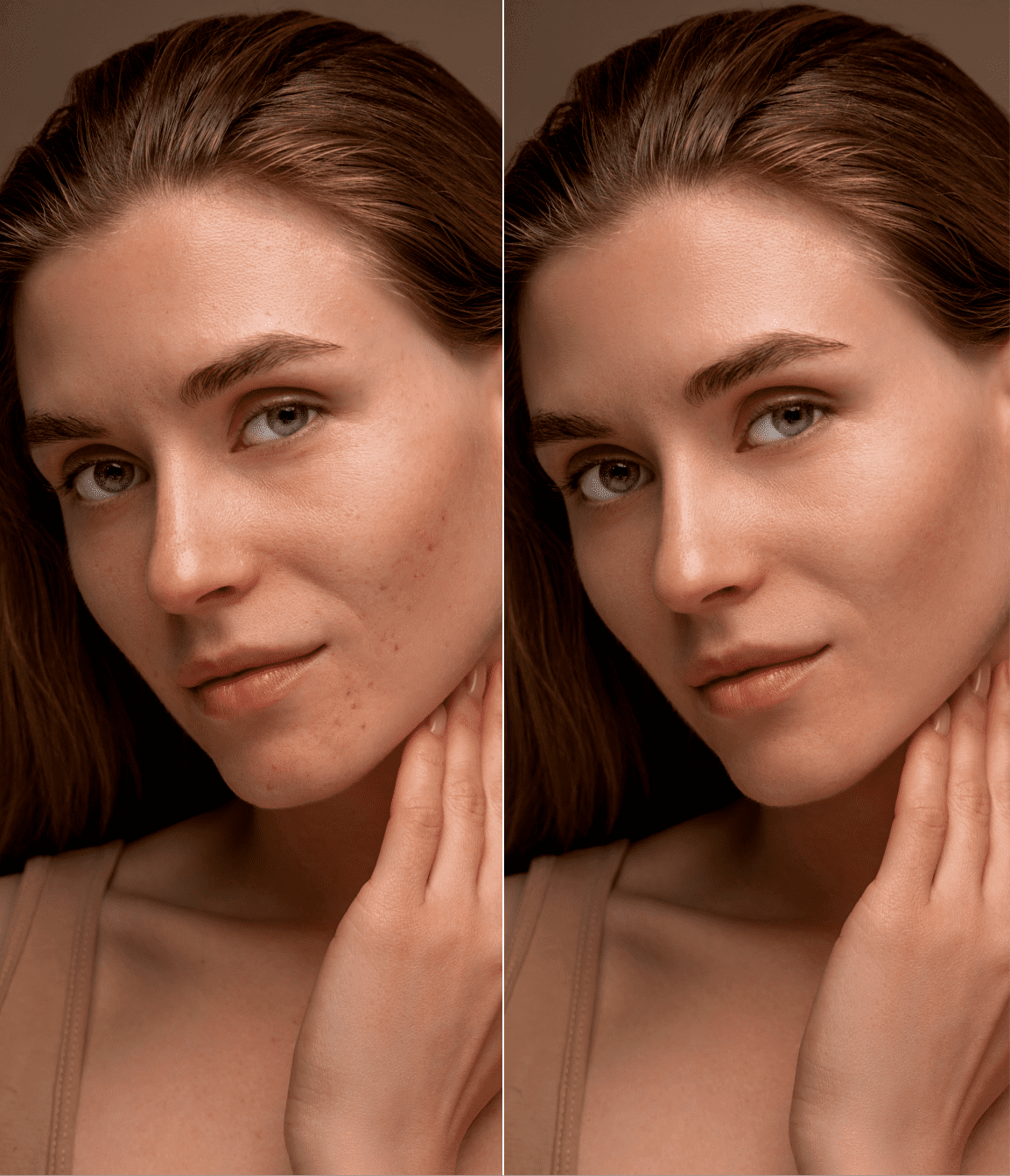Porträt einer Frau — vor und nach der KI-Hautretusche (Retouch4me)