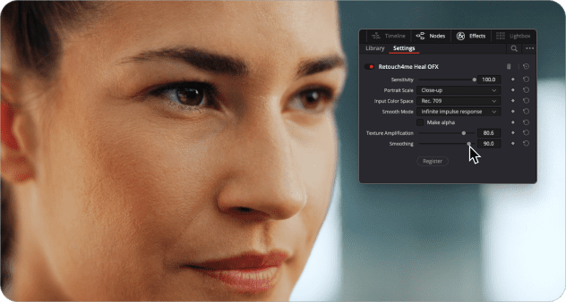 Efekt automatycznego retuszu skóry przy użyciu wtyczki retouch4me Heal Video dla DaVinci Resolve.