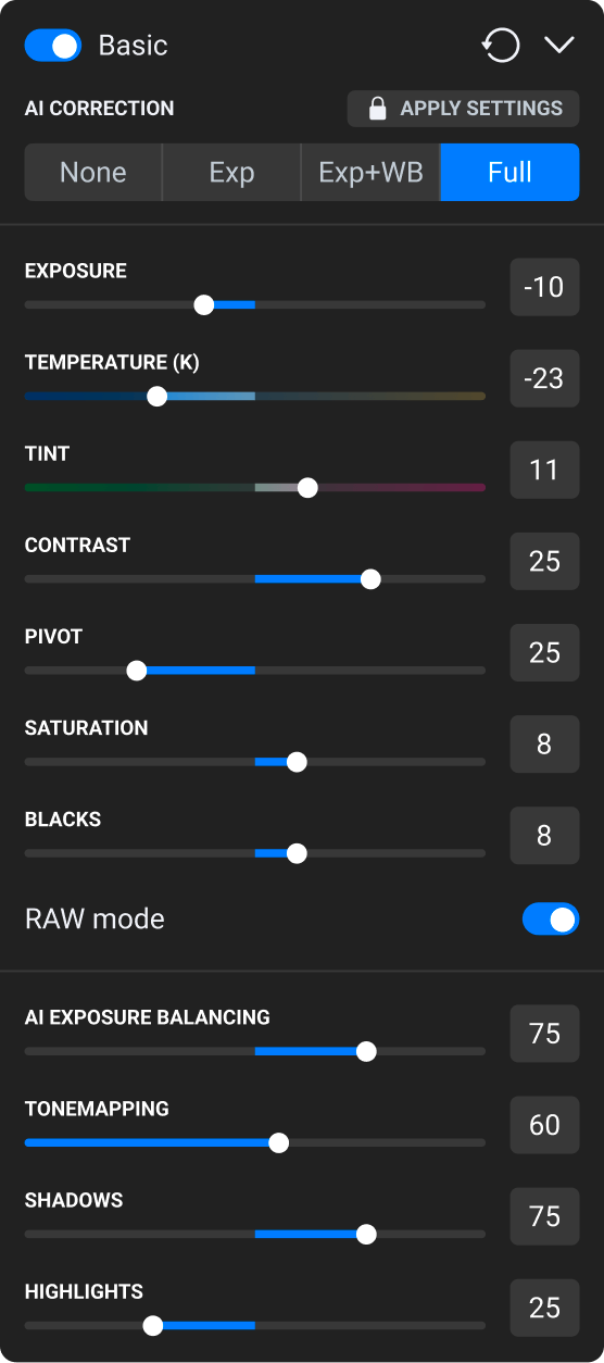 AI color correction panel